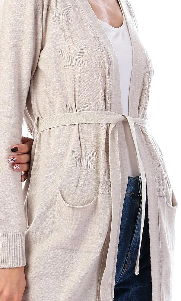 57730 Ribbed Cuffs Open Neckline Cardigan - Beige