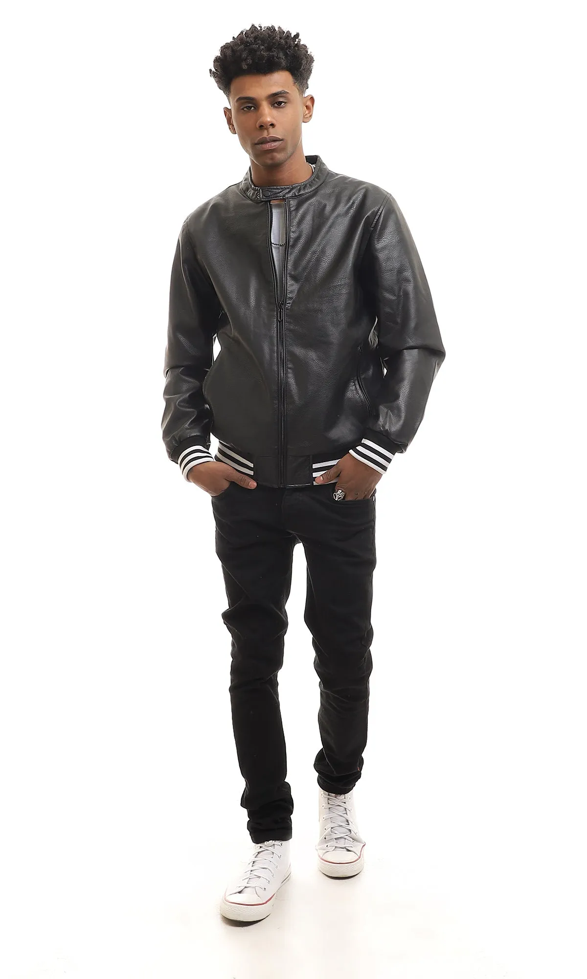 95828 Textured Black Leather Jacket With Zipped Pockets