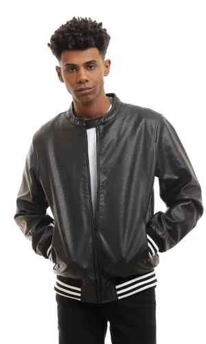 95828 Textured Black Leather Jacket With Zipped Pockets