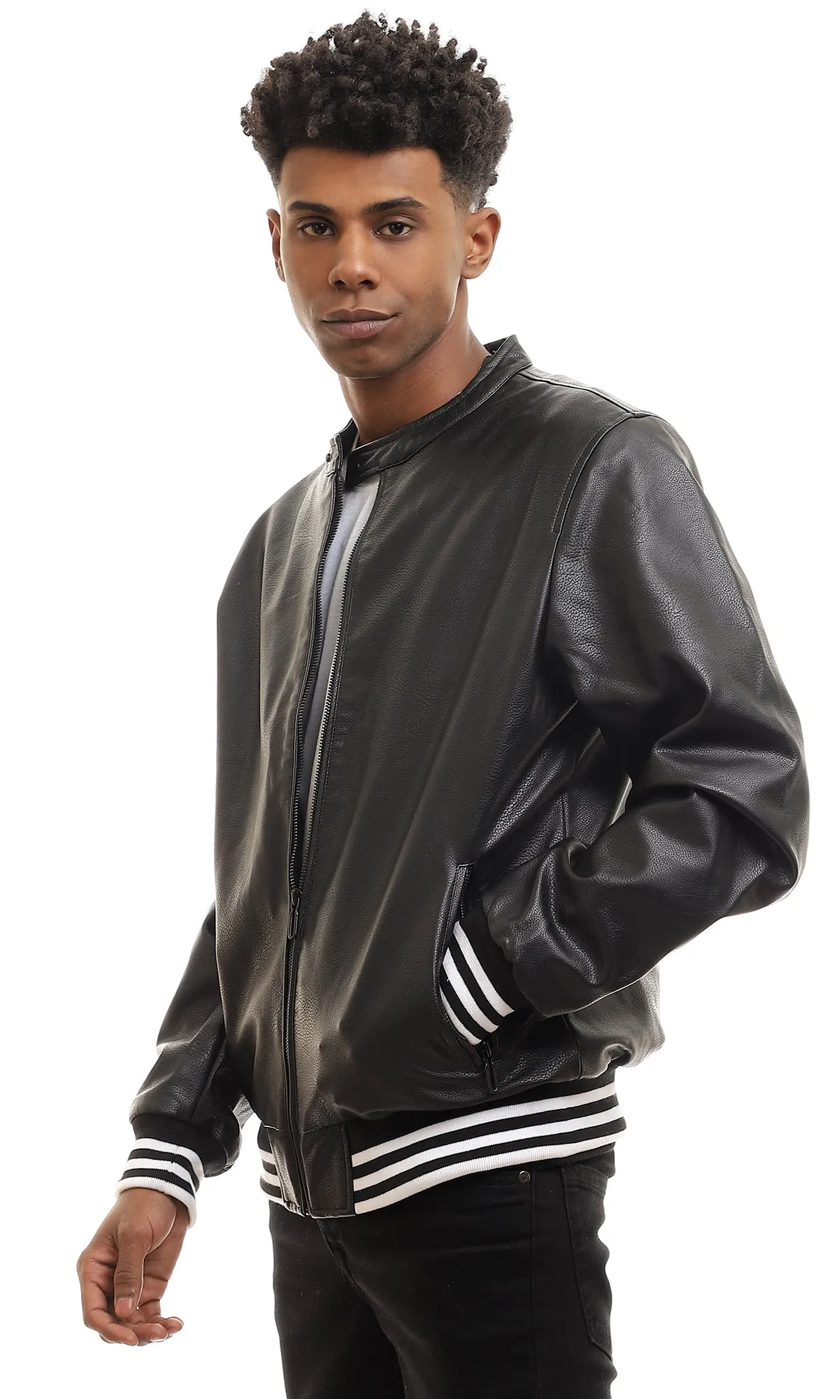 95828 Textured Black Leather Jacket With Zipped Pockets