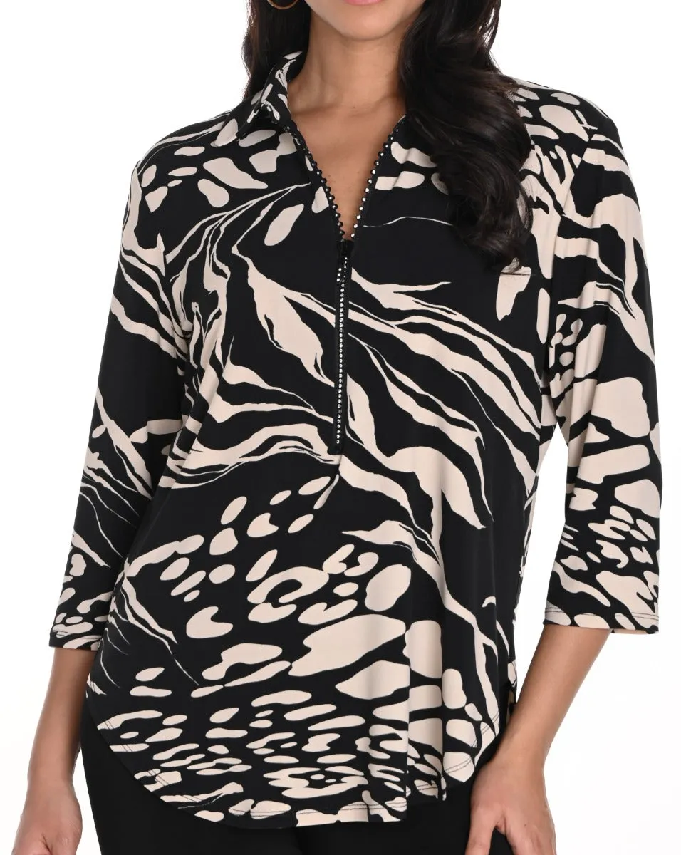 Abstract Print Shirt Collar Top