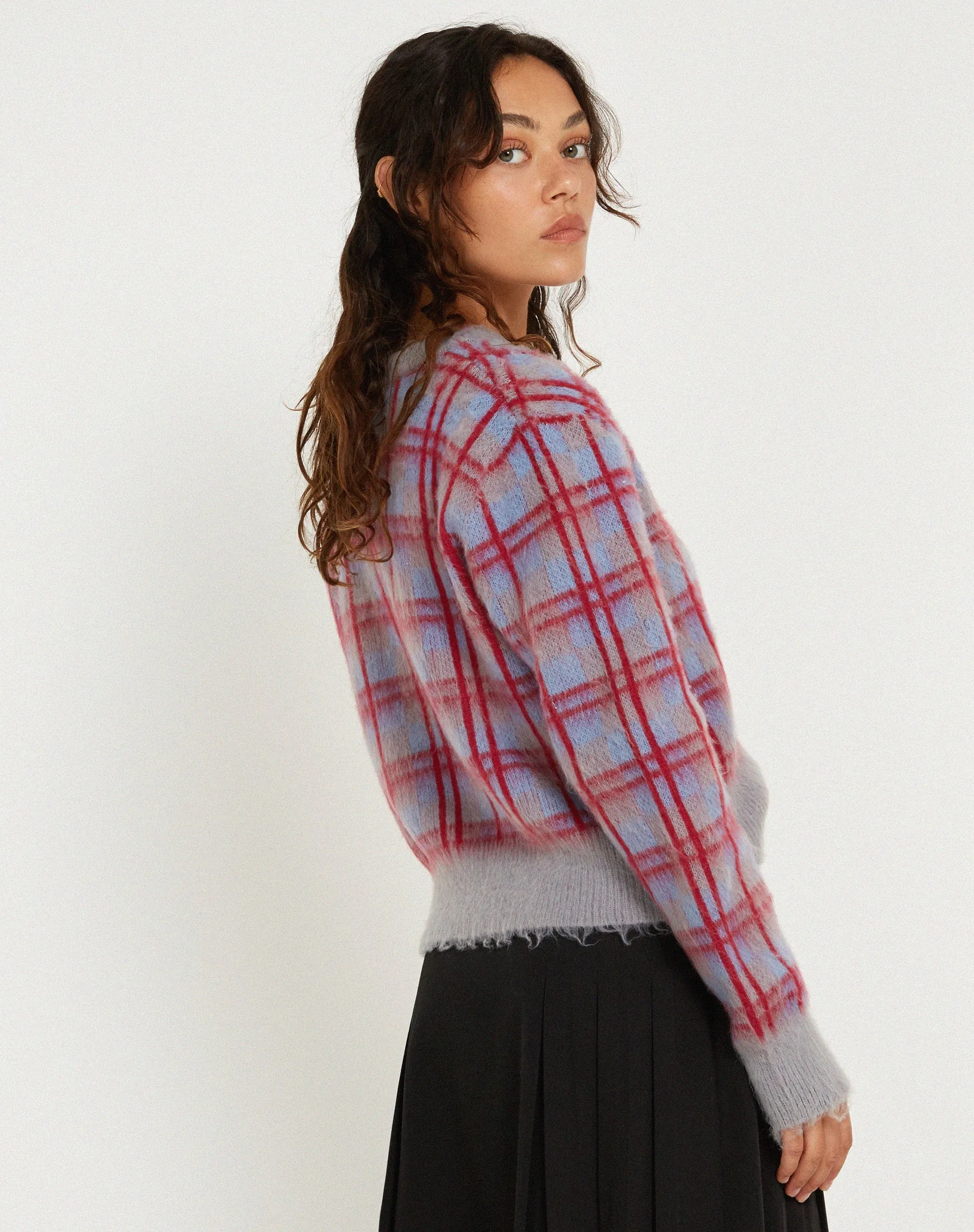 Anzio Button Up Cardigan in Multi Check Grey Blue and Red