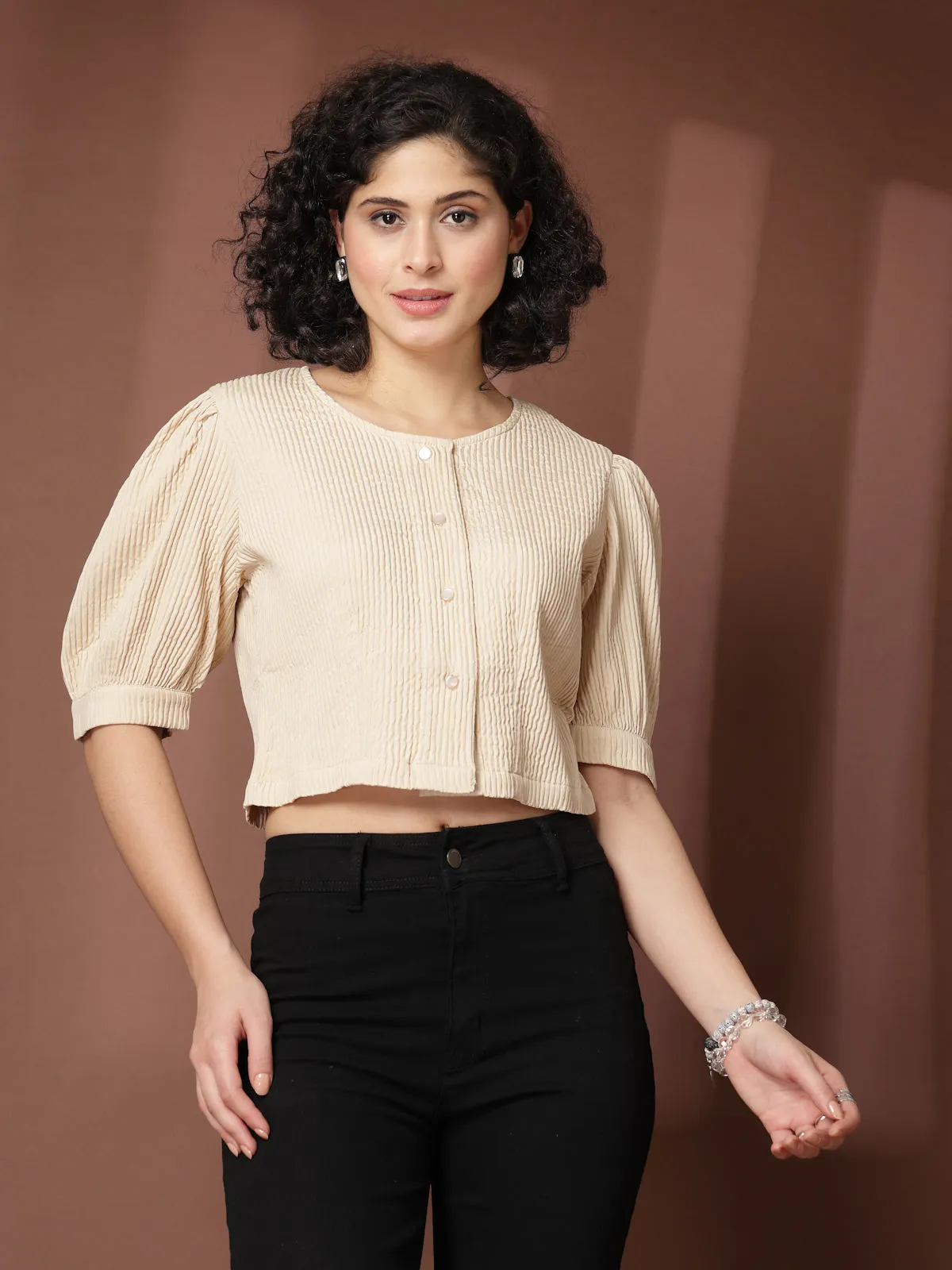 Beige collarless Shirt