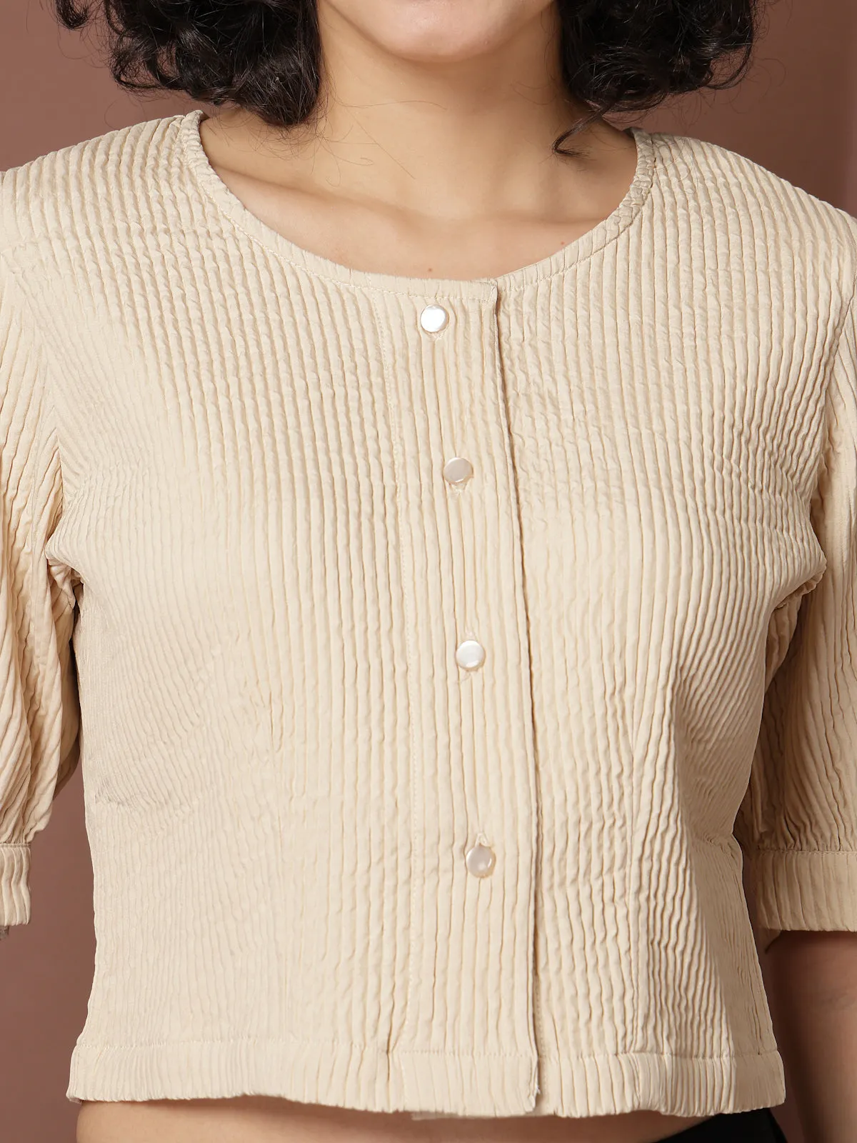 Beige collarless Shirt