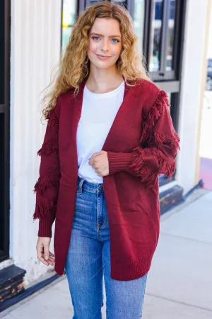 BiBi Burgundy Fringe Detail Knit Cardigan