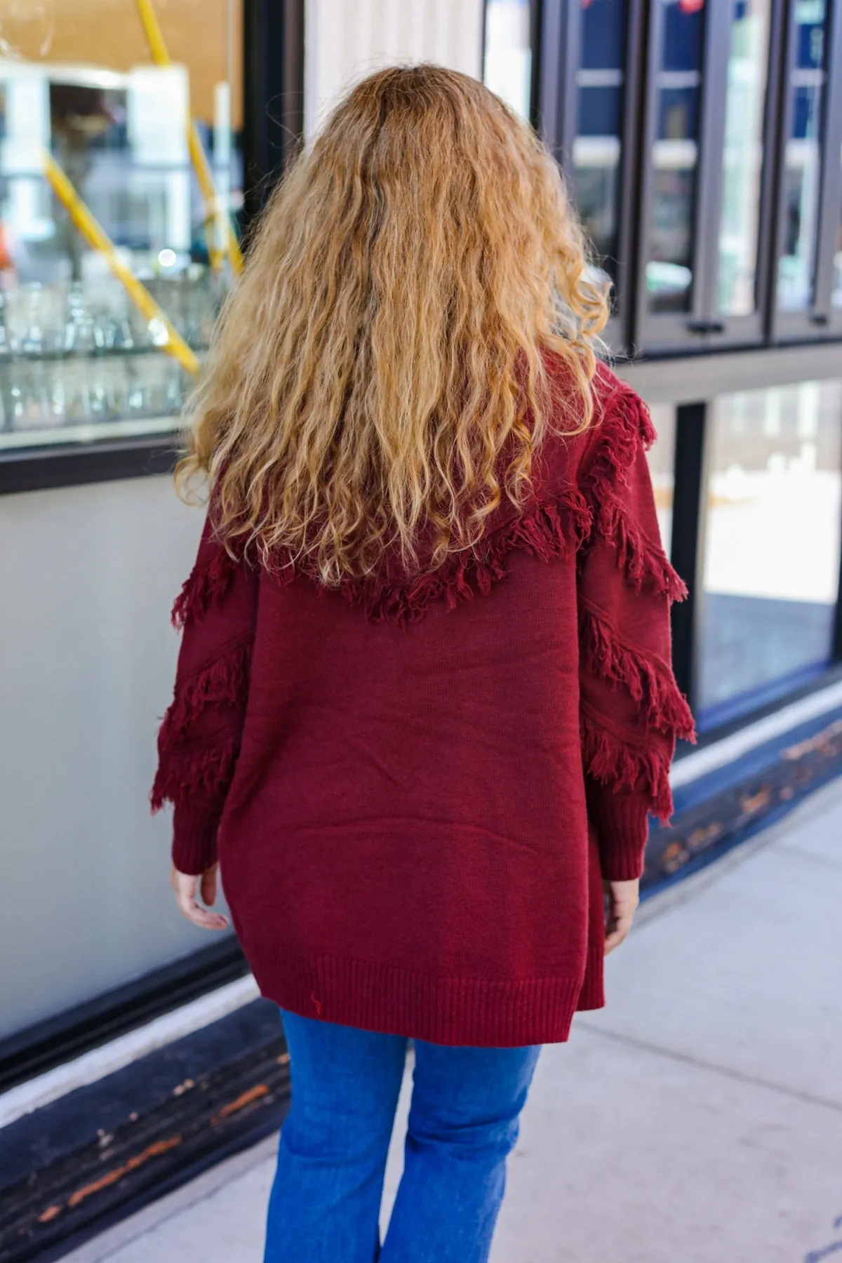 BiBi Burgundy Fringe Detail Knit Cardigan