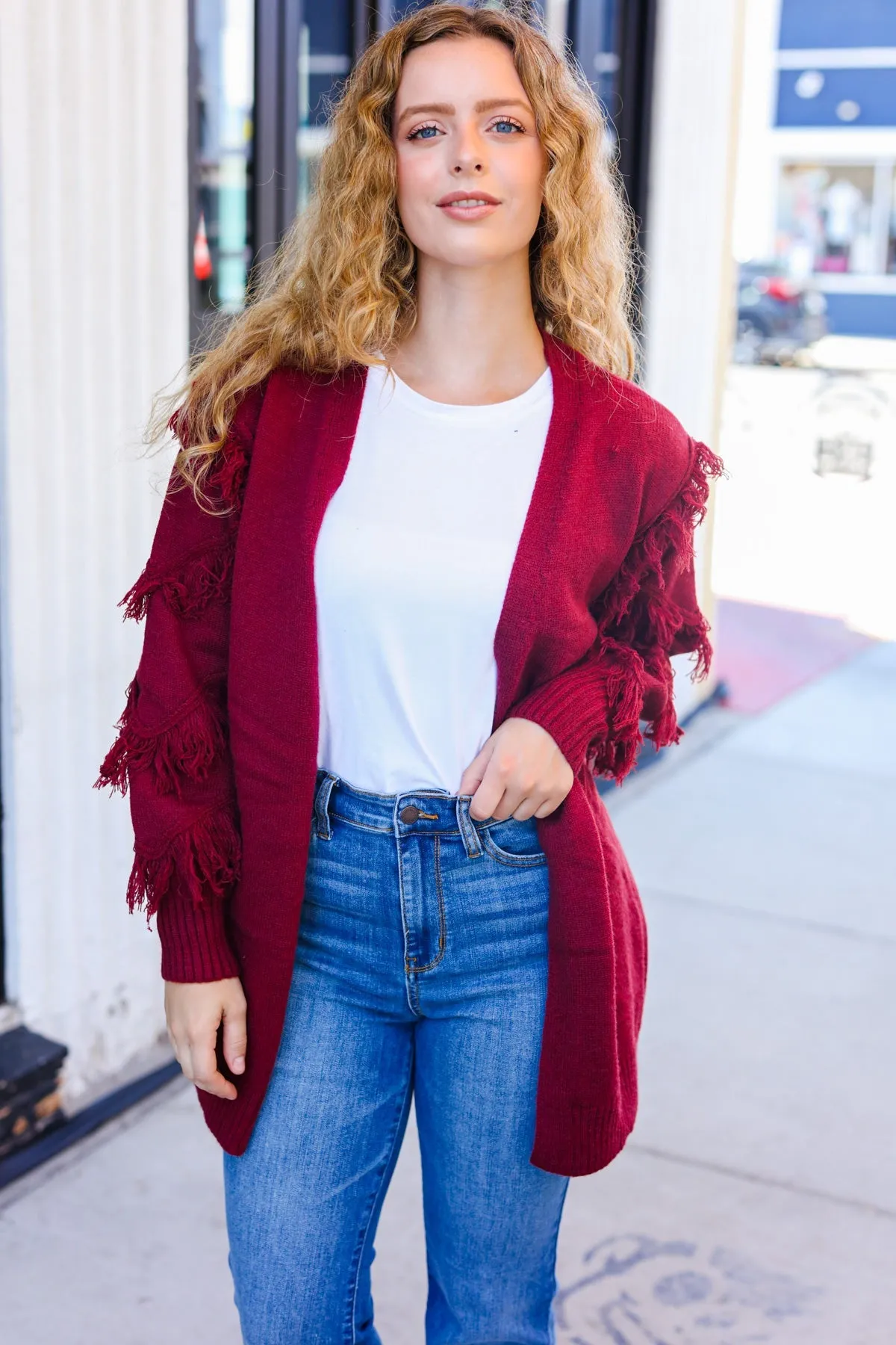 BiBi Burgundy Fringe Detail Knit Cardigan