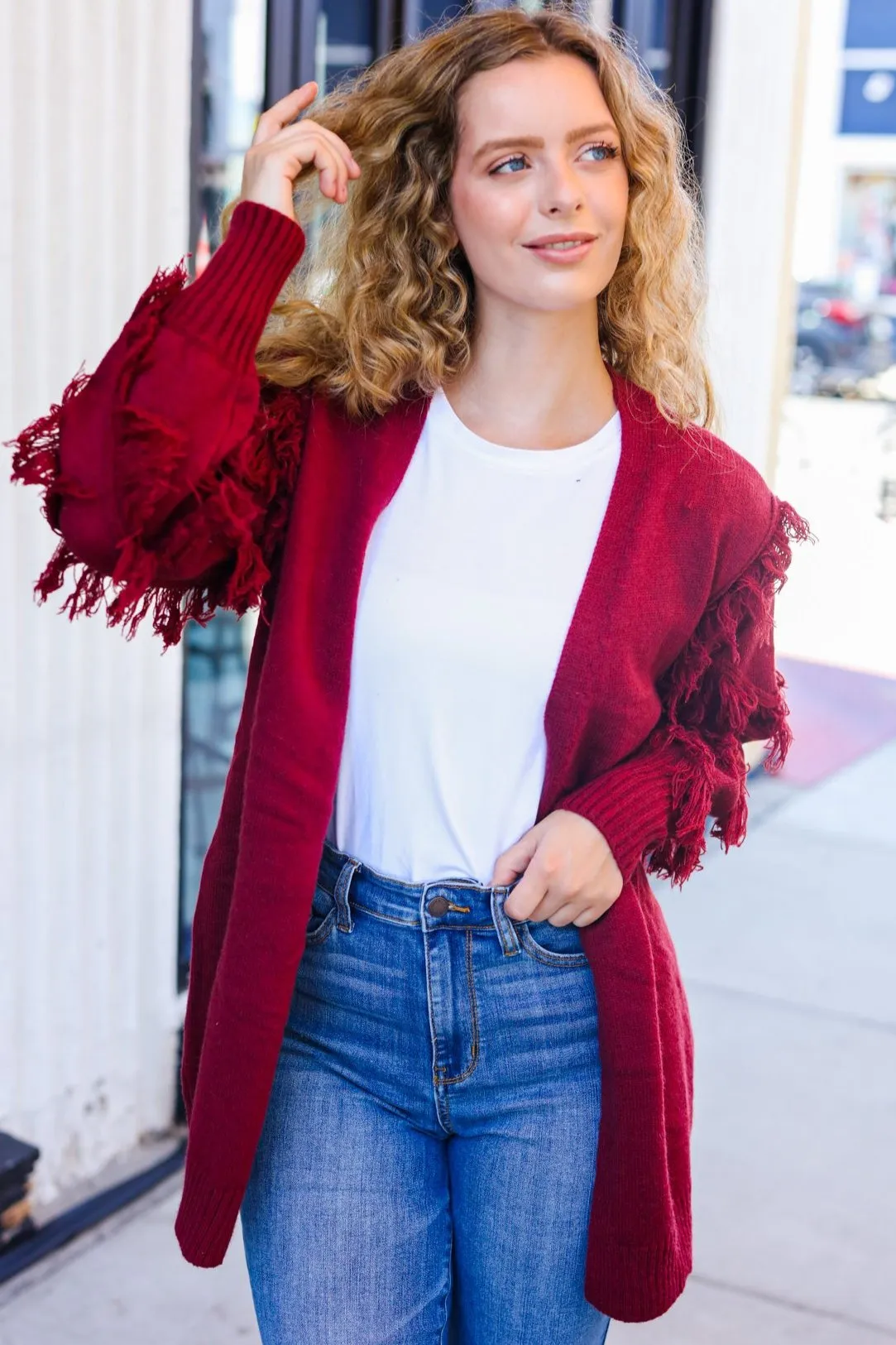 BiBi Burgundy Fringe Detail Knit Cardigan