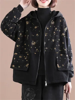 Black Hooded Printed Zipper Jackets for Ladies