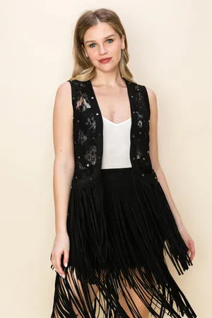 Black Lace & Studs Ultra Suede Vest w/ Fringe