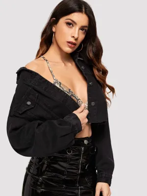 Black Single Breasted Drop Shoulder Ripped Crop Denim Jacket