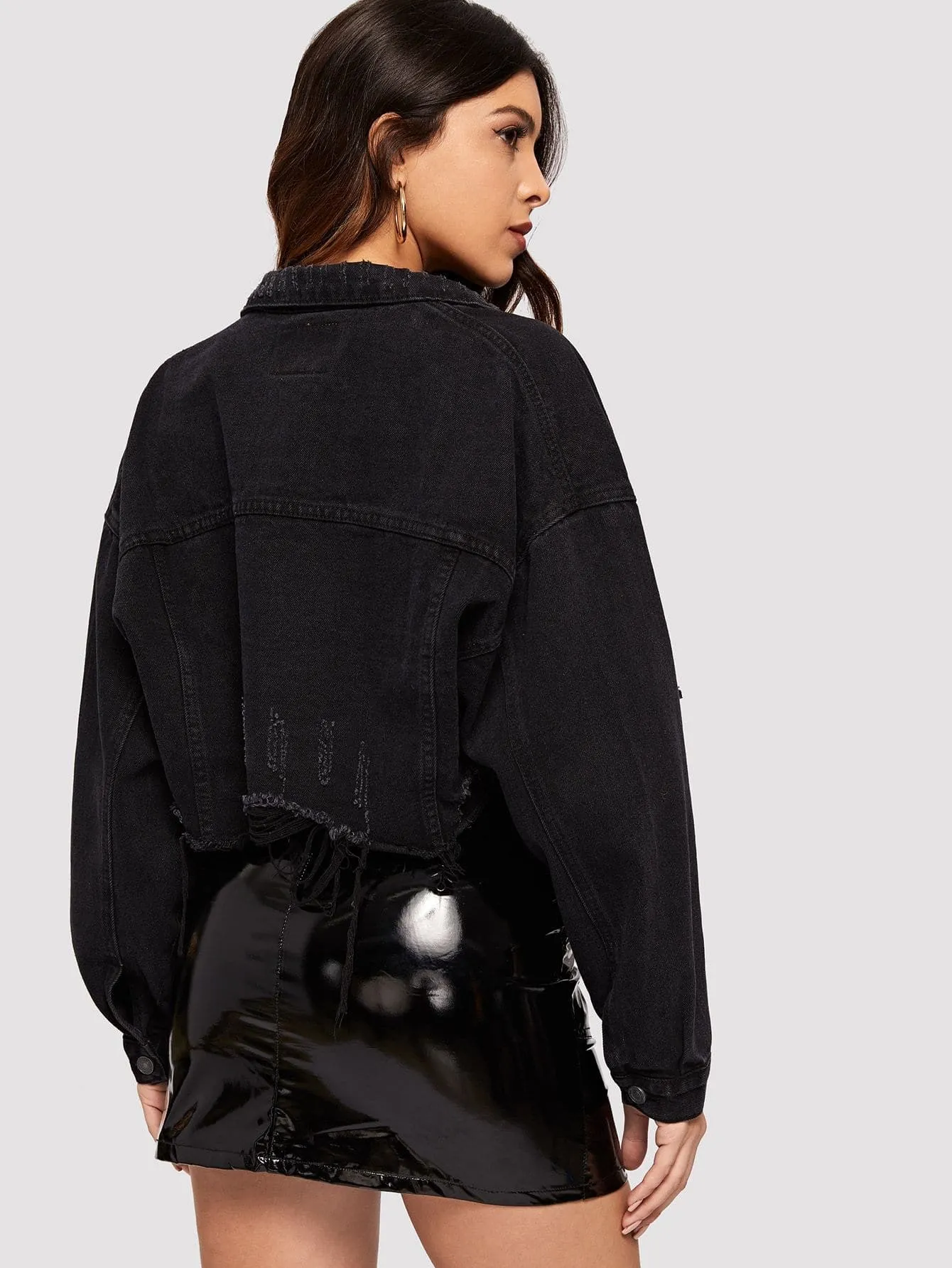 Black Single Breasted Drop Shoulder Ripped Crop Denim Jacket