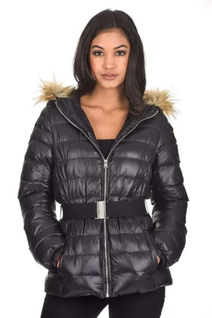 Black Wet Look Puffer Coat