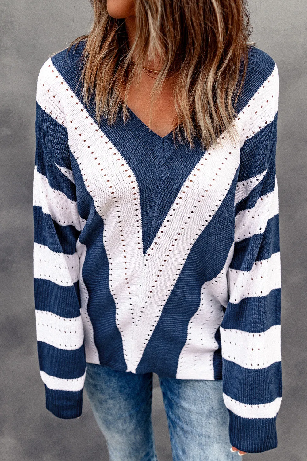 Blue Colorblock V Neck Striped Knit Sweater