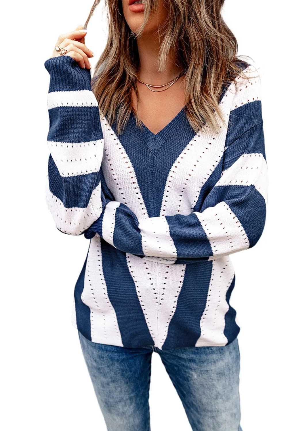 Blue Colorblock V Neck Striped Knit Sweater