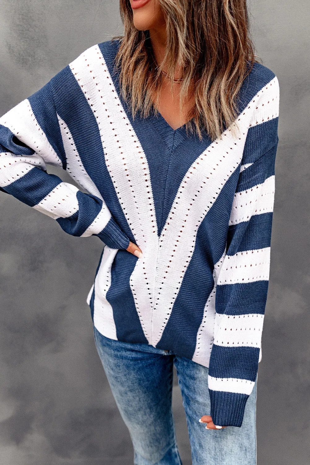 Blue Colorblock V Neck Striped Knit Sweater