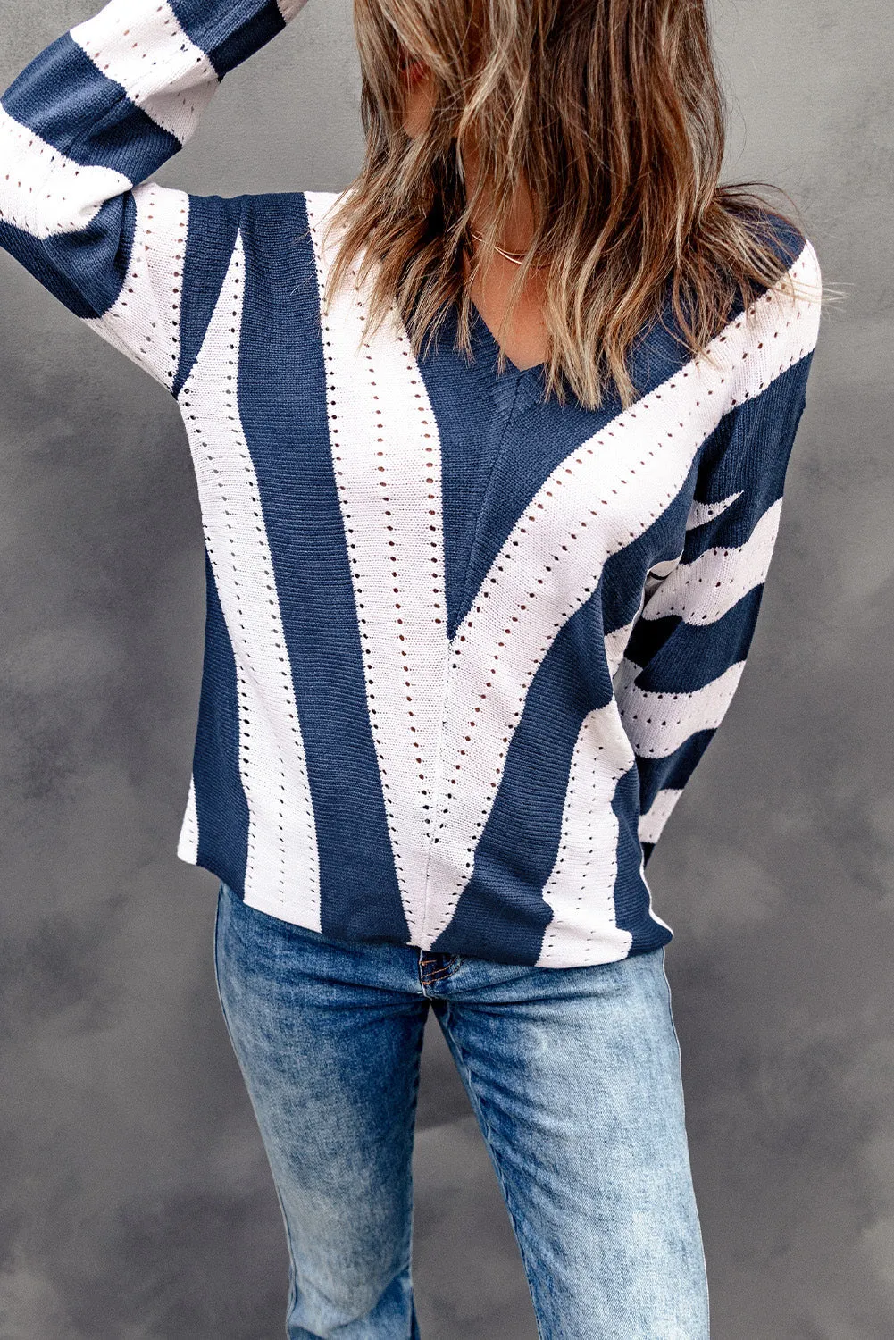 Blue Colorblock V Neck Striped Knit Sweater