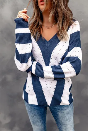 Blue Colorblock V Neck Striped Knit Sweater