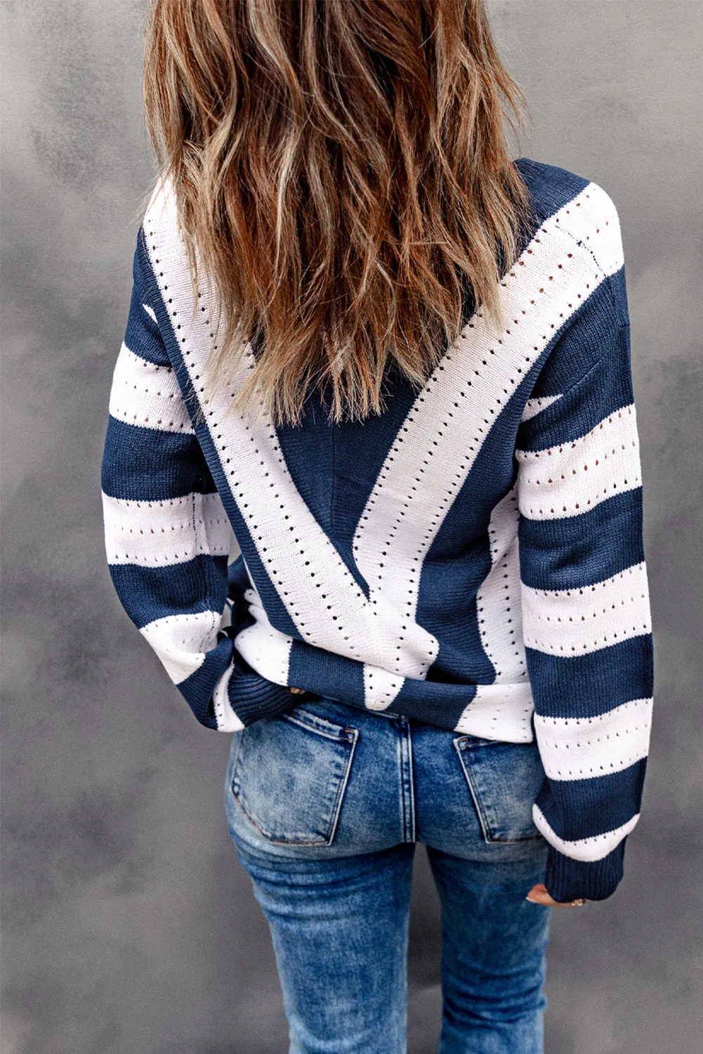 Blue Colorblock V Neck Striped Knit Sweater