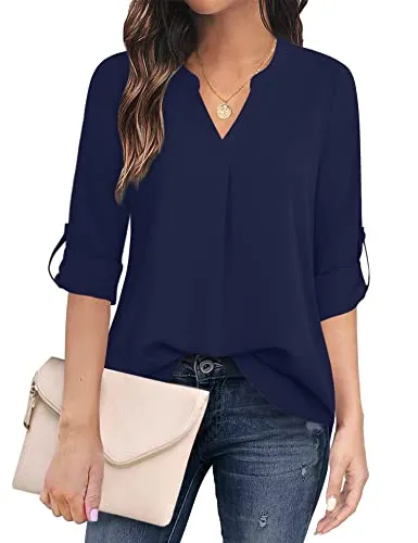 Blue Women's Casual Chiffon V Neck 3/4 Sleeve Blouse Tops - Timeson