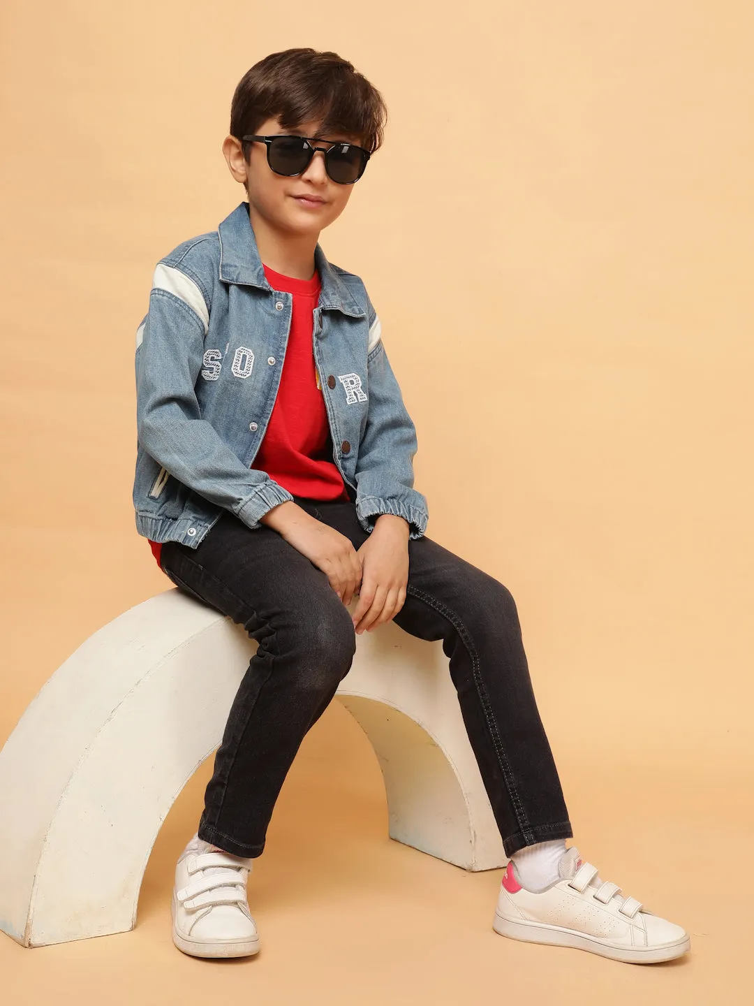 Boys Blue Embroidered Cotton Casual Jacket