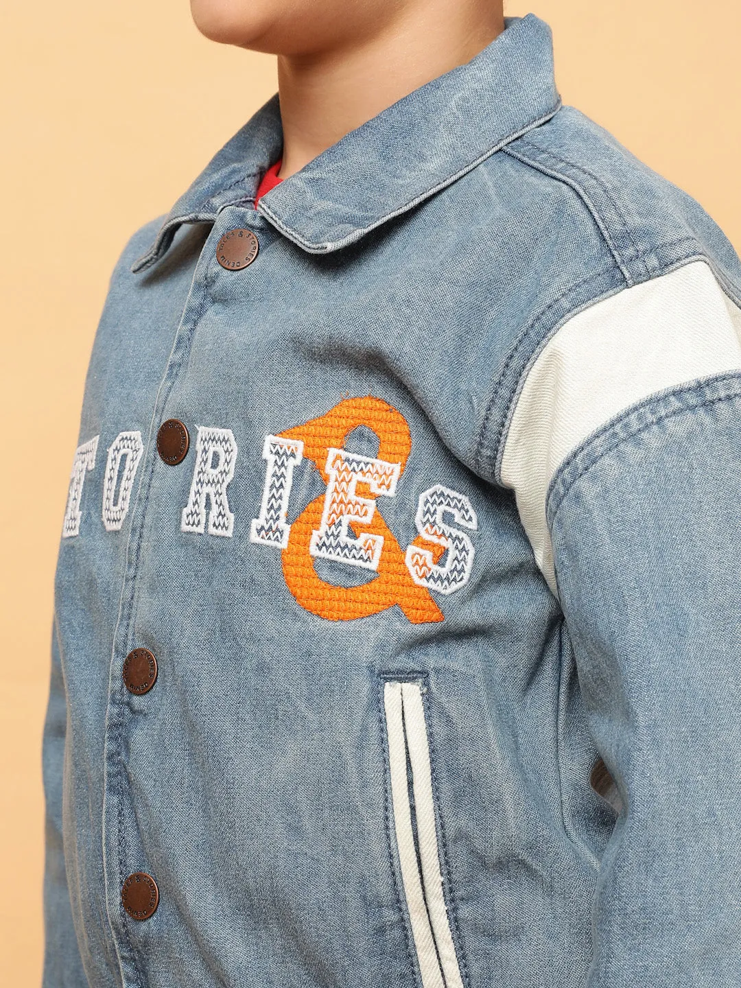 Boys Blue Embroidered Cotton Casual Jacket