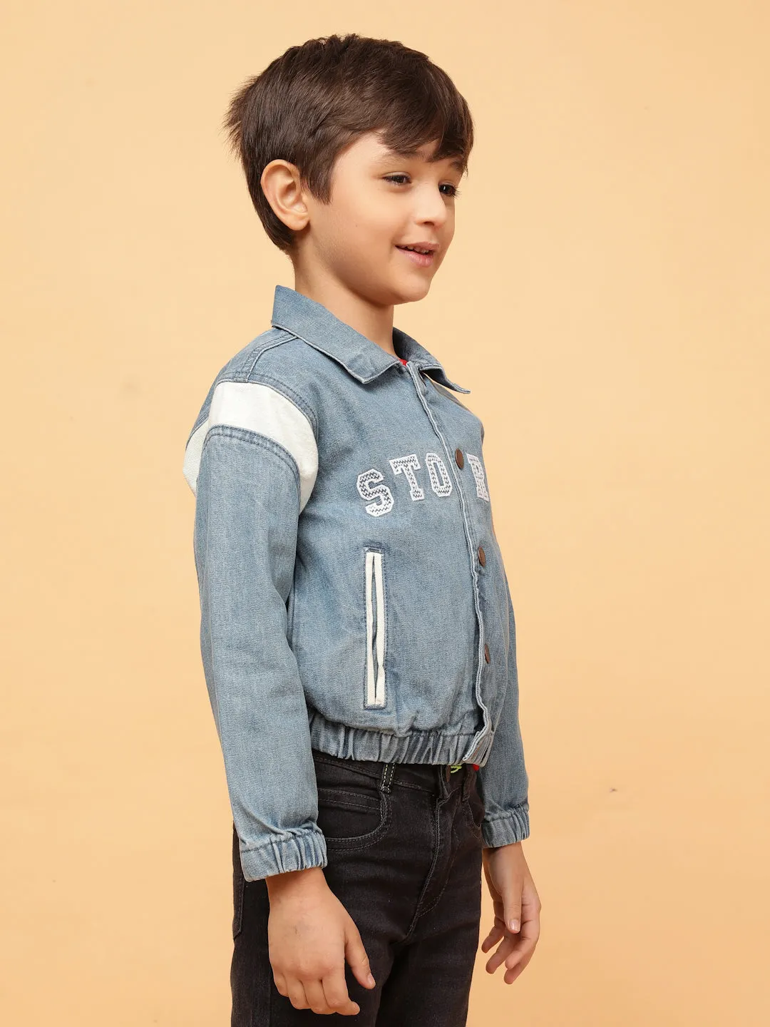 Boys Blue Embroidered Cotton Casual Jacket