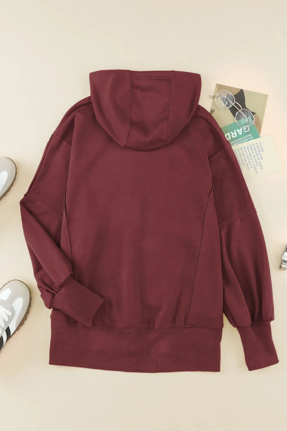 Brown Exposed Seam Zip-Up Hoodie with Raw Hem