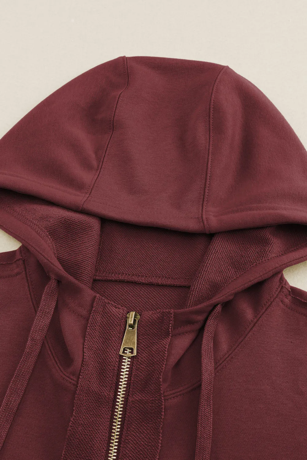 Brown Exposed Seam Zip-Up Hoodie with Raw Hem