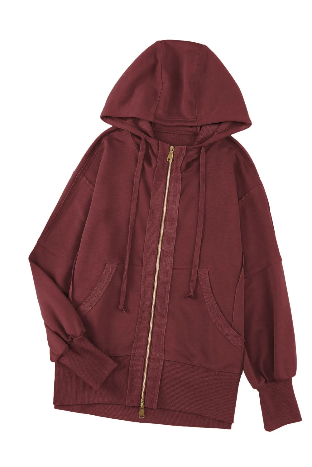 Brown Exposed Seam Zip-Up Hoodie with Raw Hem