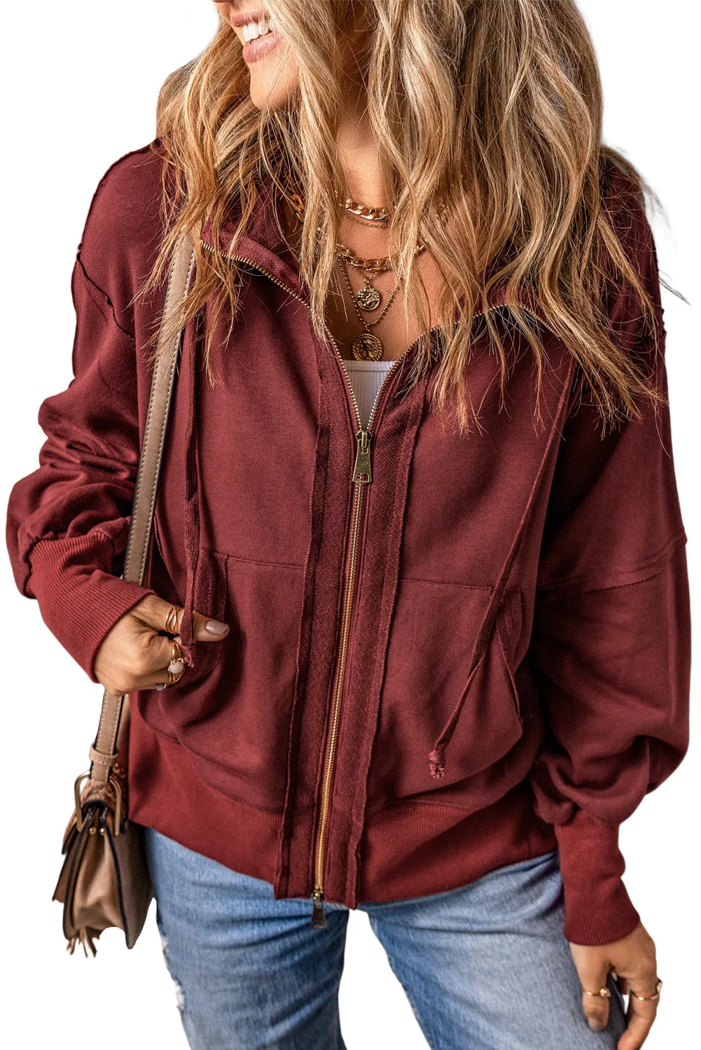 Brown Exposed Seam Zip-Up Hoodie with Raw Hem