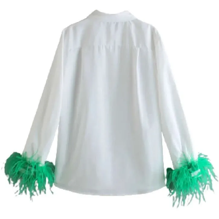 Button-Down Feather Trim Cuff Blouse