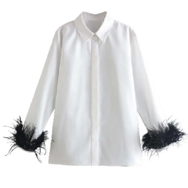 Button-Down Feather Trim Cuff Blouse