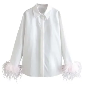 Button-Down Feather Trim Cuff Blouse