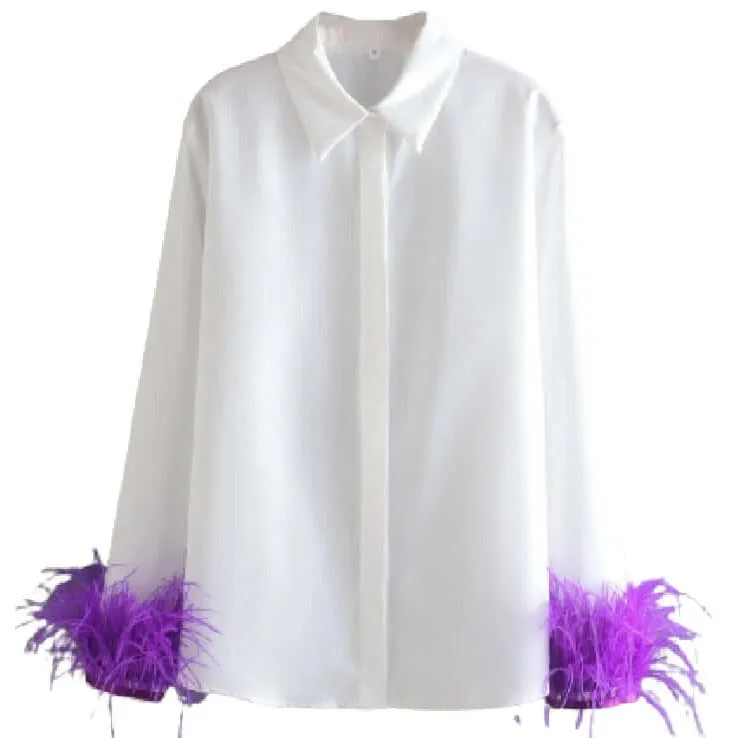 Button-Down Feather Trim Cuff Blouse