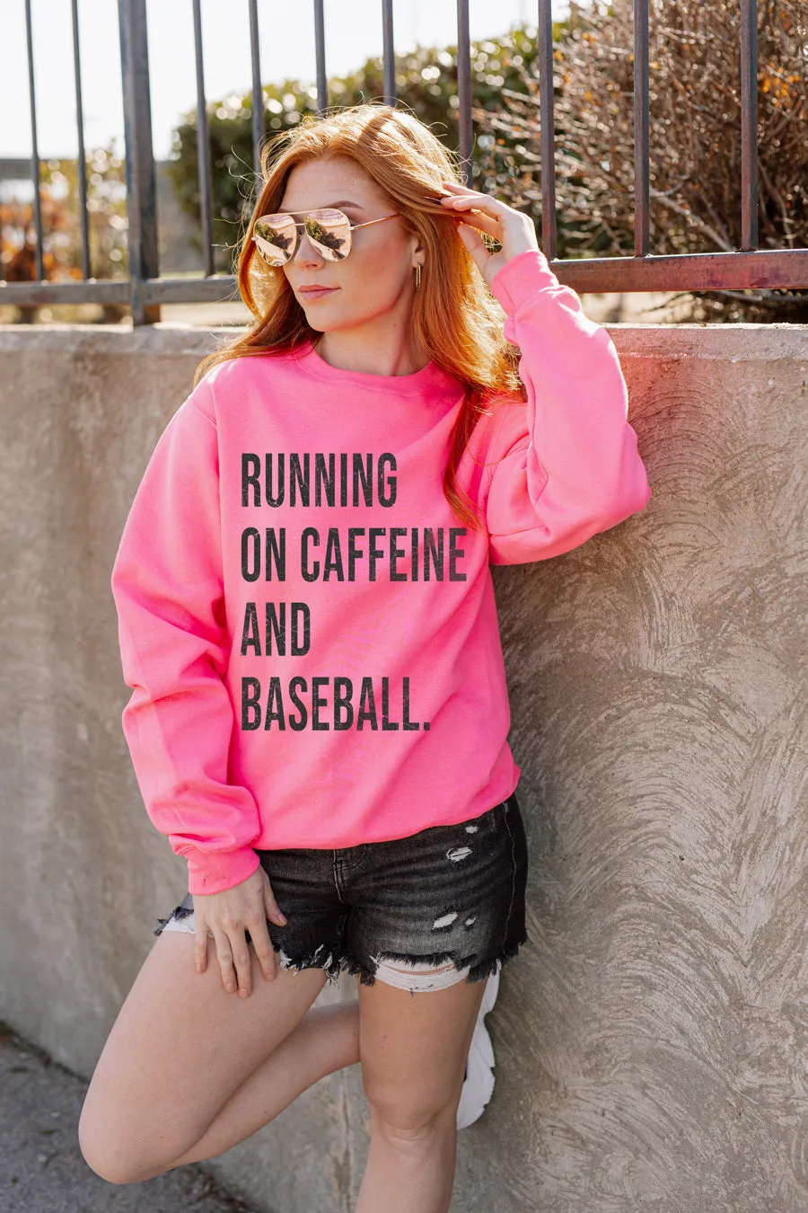 CAFFIENE AND BASEBALL OVERSIZED CLASSIC CREW IN HOT PINK