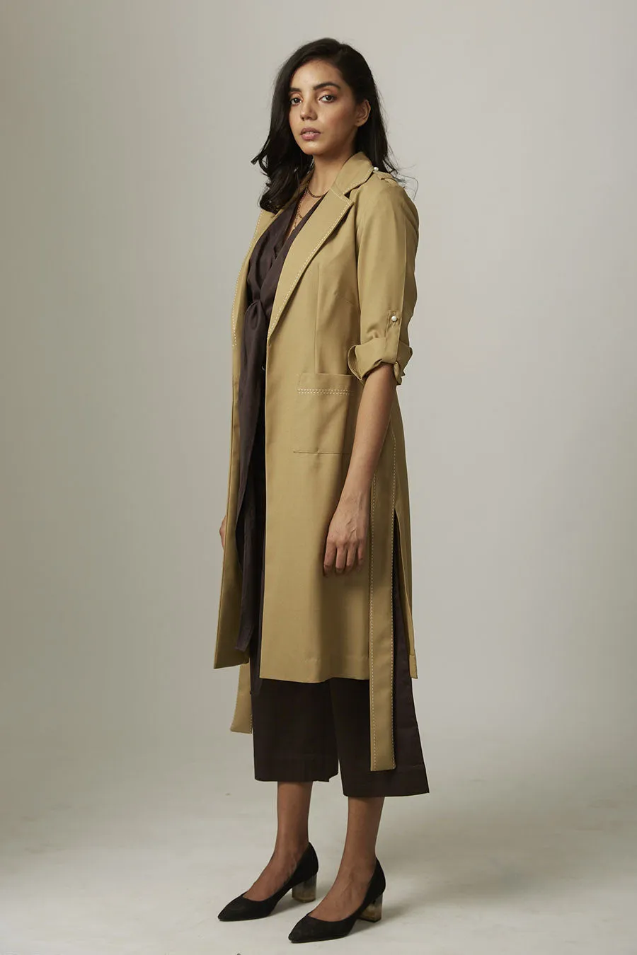 Camel Trench With Contrast Stitching