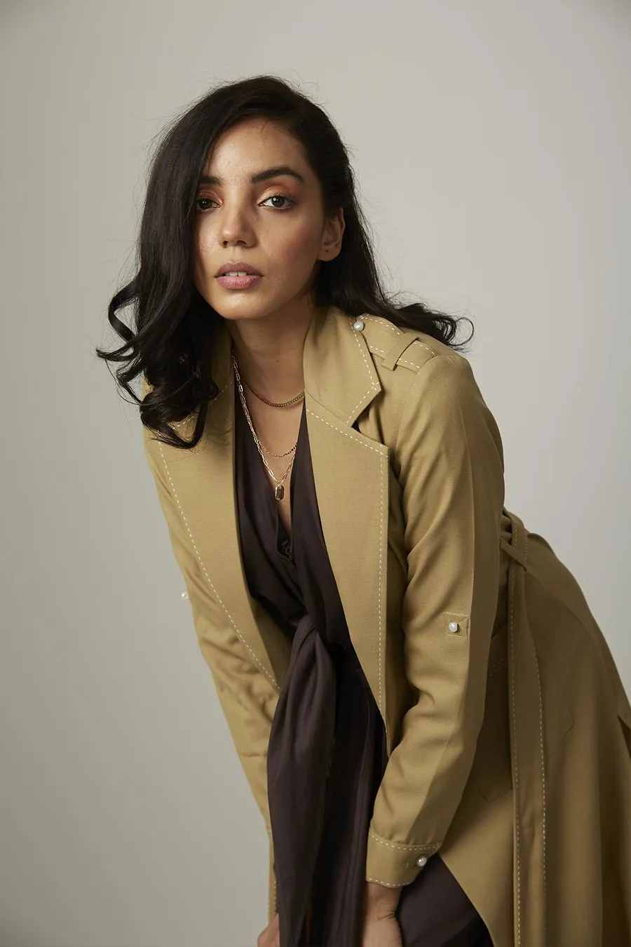 Camel Trench With Contrast Stitching