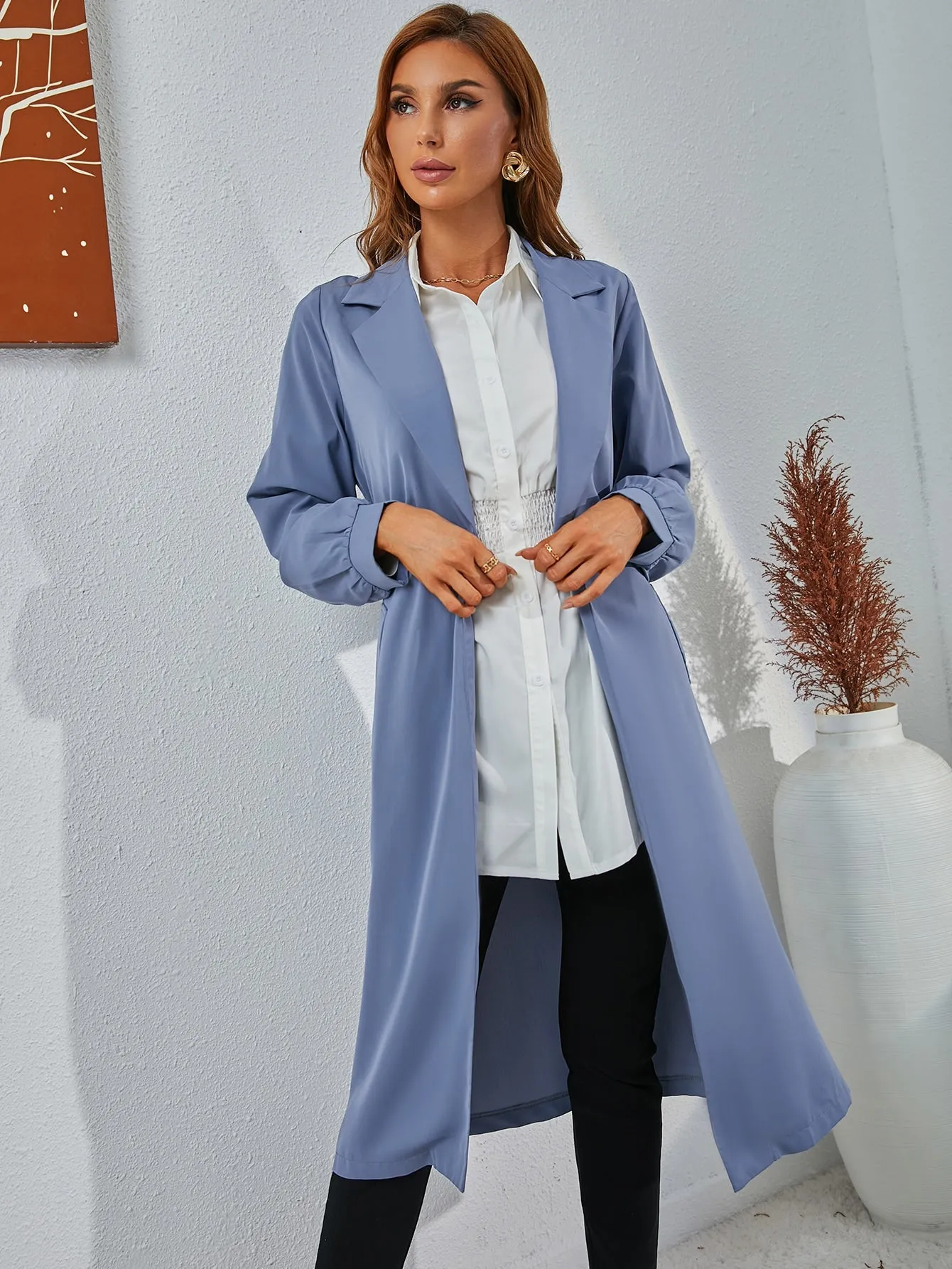 Casual Plain Belted Long Sleeve Lapel Long Women Trench Coat