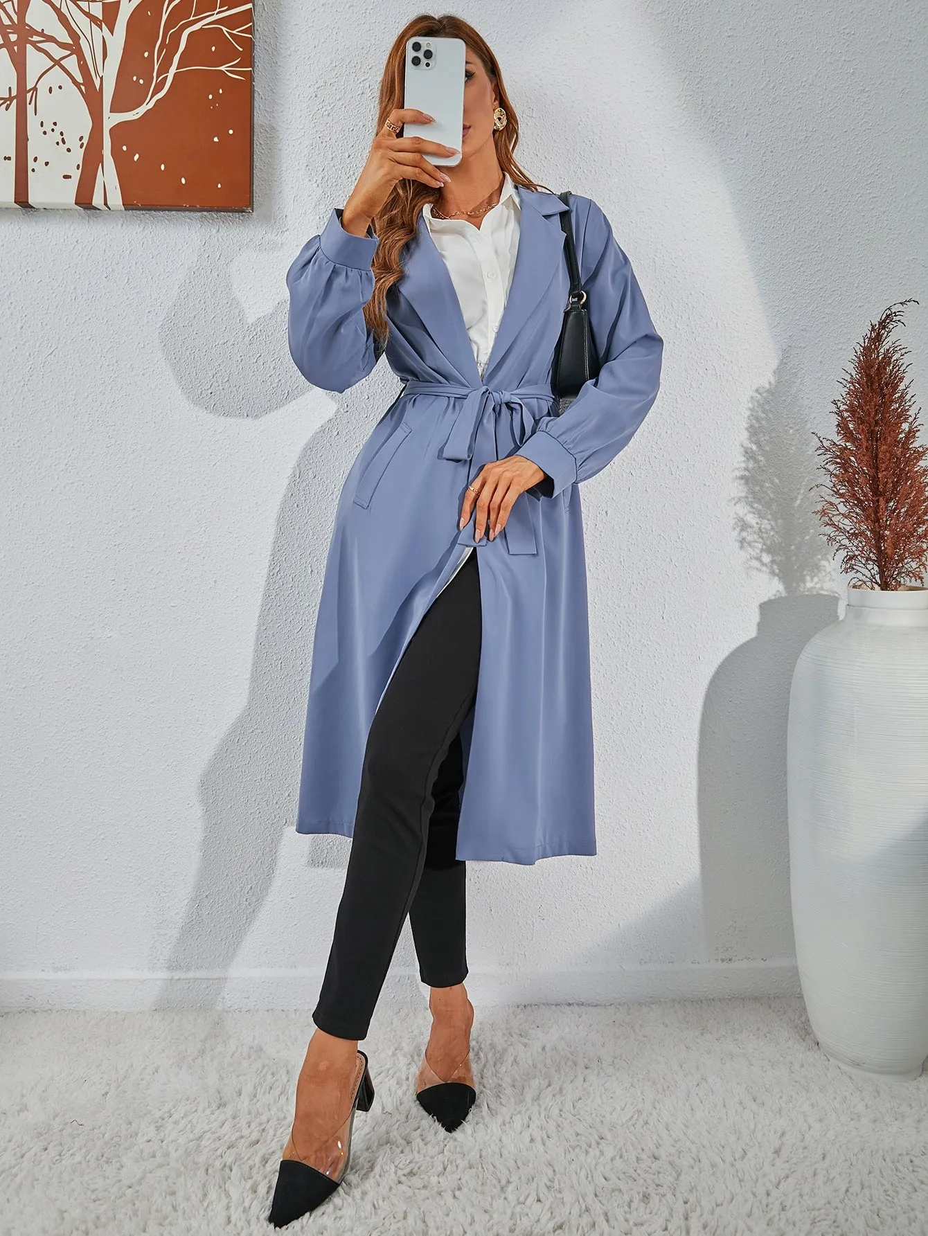 Casual Plain Belted Long Sleeve Lapel Long Women Trench Coat