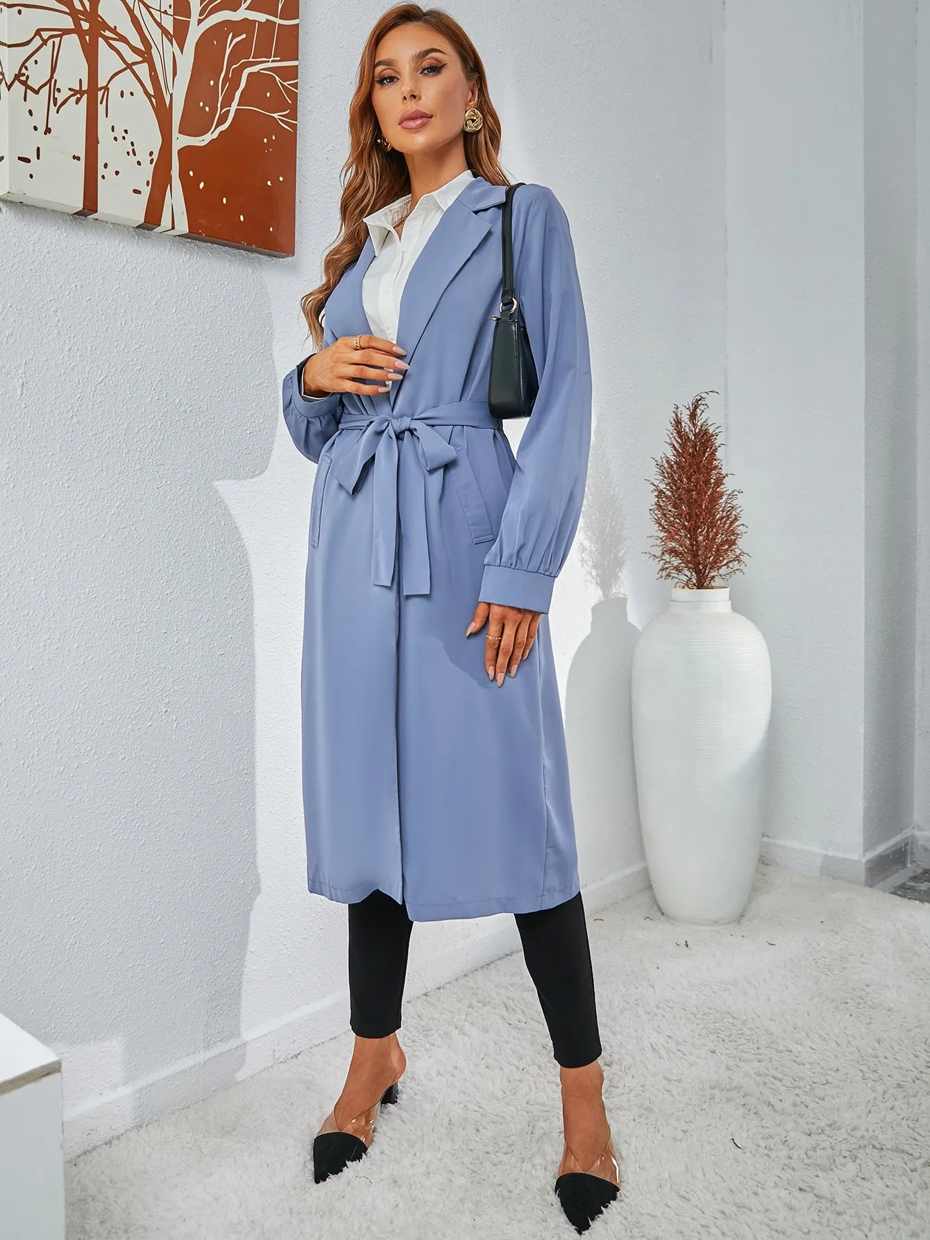 Casual Plain Belted Long Sleeve Lapel Long Women Trench Coat