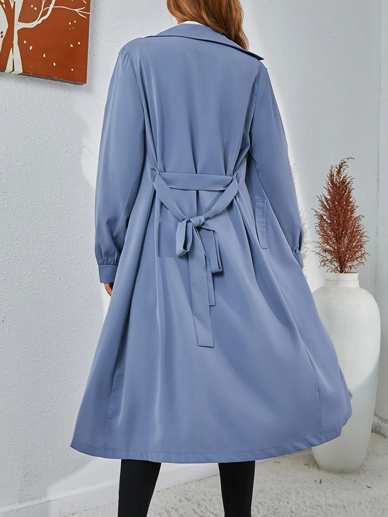 Casual Plain Belted Long Sleeve Lapel Long Women Trench Coat