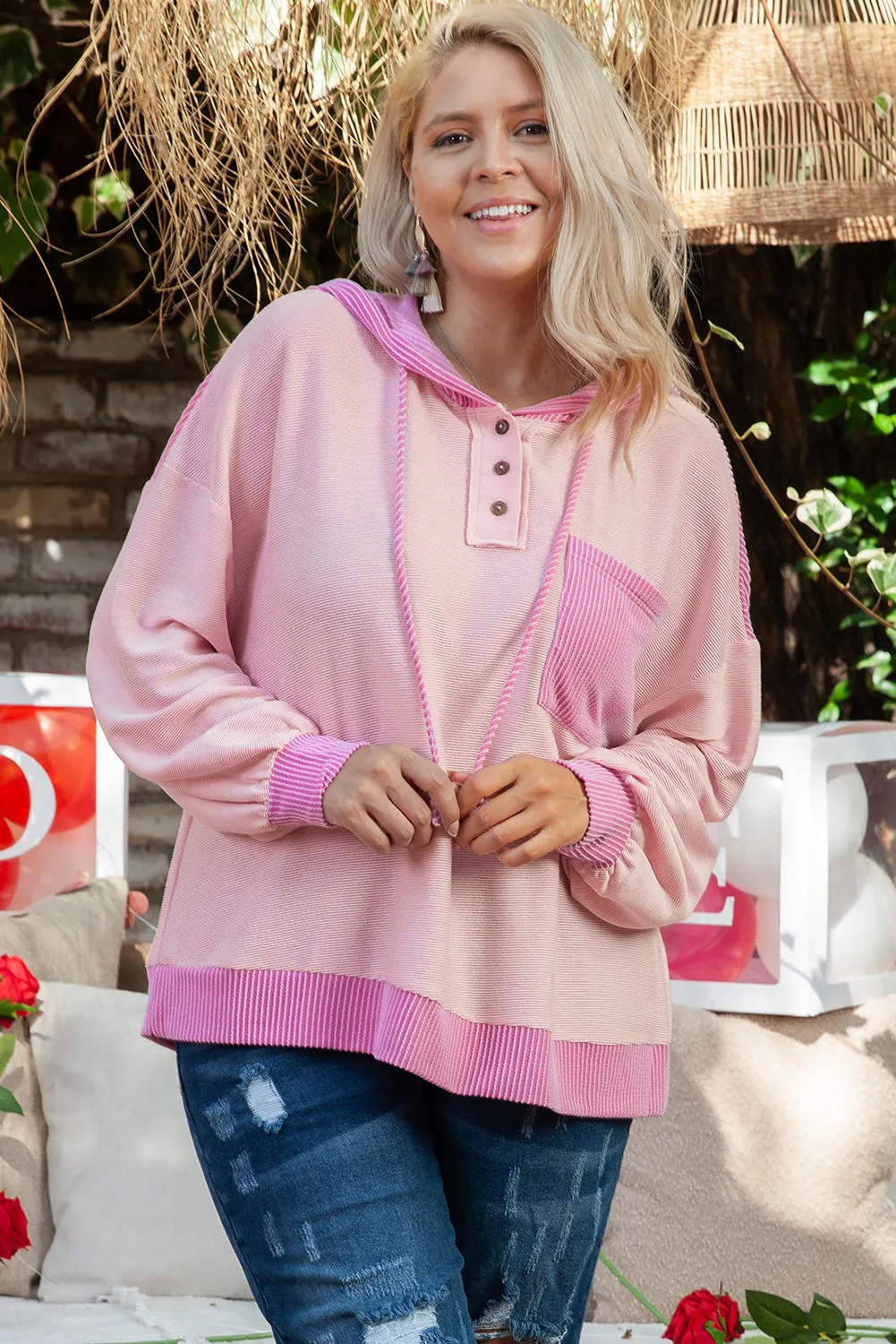 Corded Patchwork Plus Size Hoodie