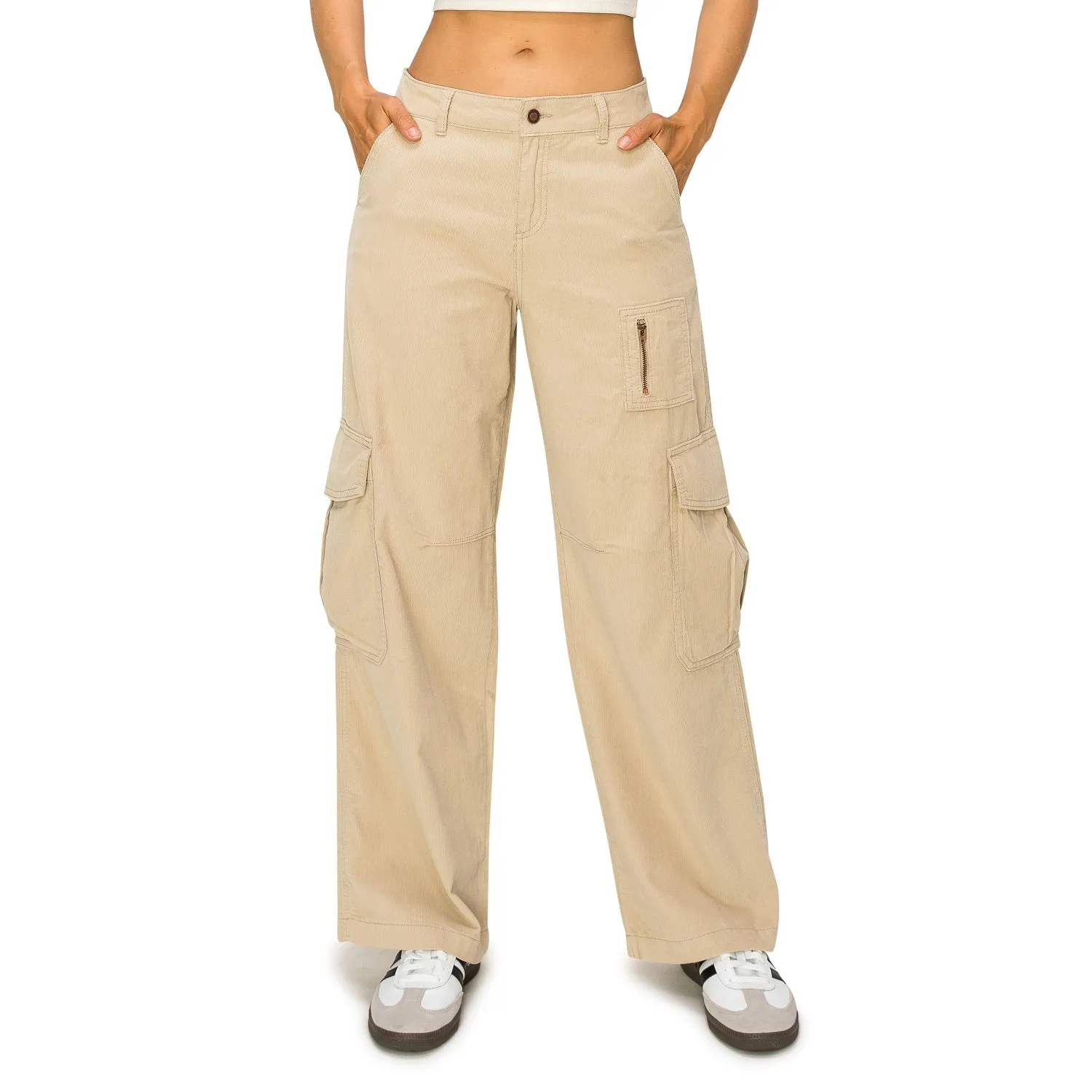 Corduroy Wide Leg Cargo Pants - Light Khaki