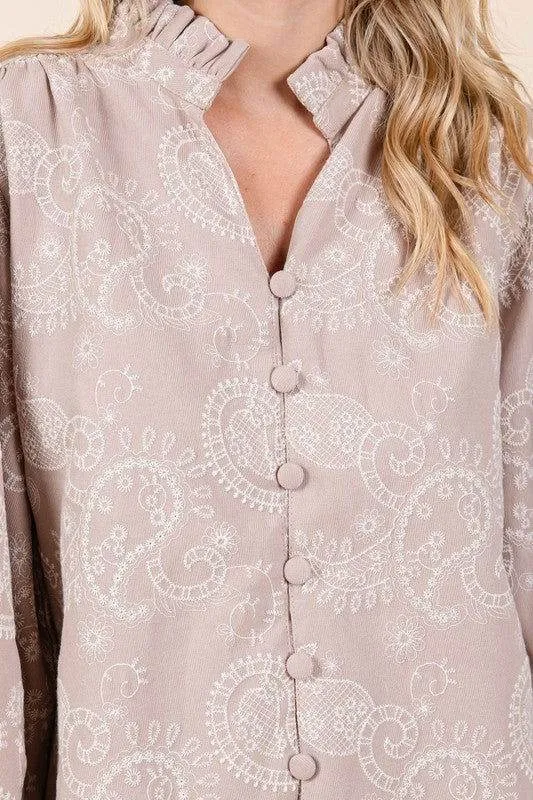 GeeGee Paisley Eyelet Laced Button-Up Blouse