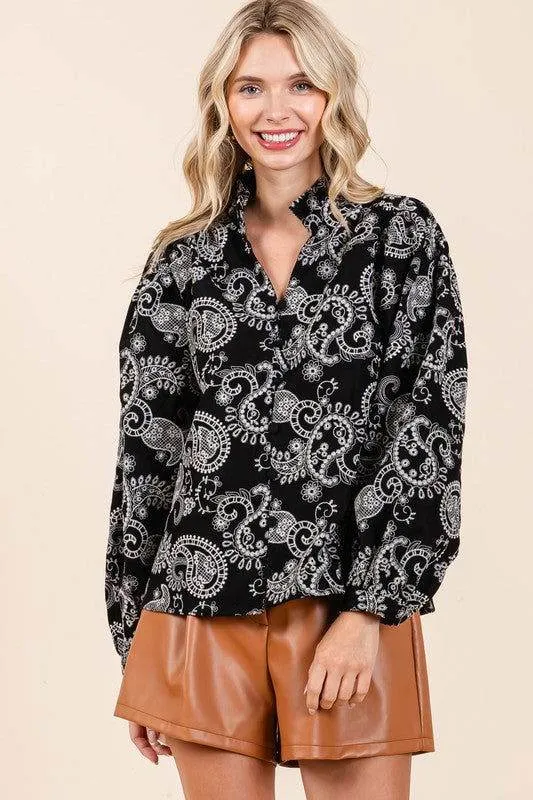 GeeGee Paisley Eyelet Laced Button-Up Blouse