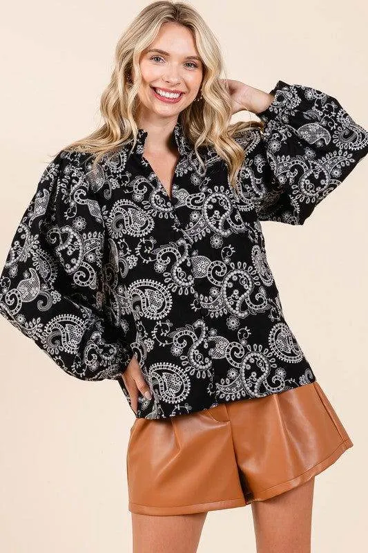 GeeGee Paisley Eyelet Laced Button-Up Blouse