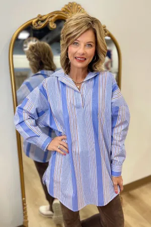 Karlie Fall Stripe Oversized Tunic Blue