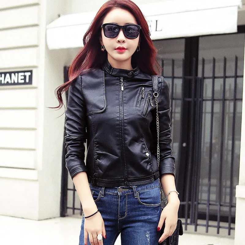 Korean Slim Look Plus Size Short Women Jacket PU Outerwear