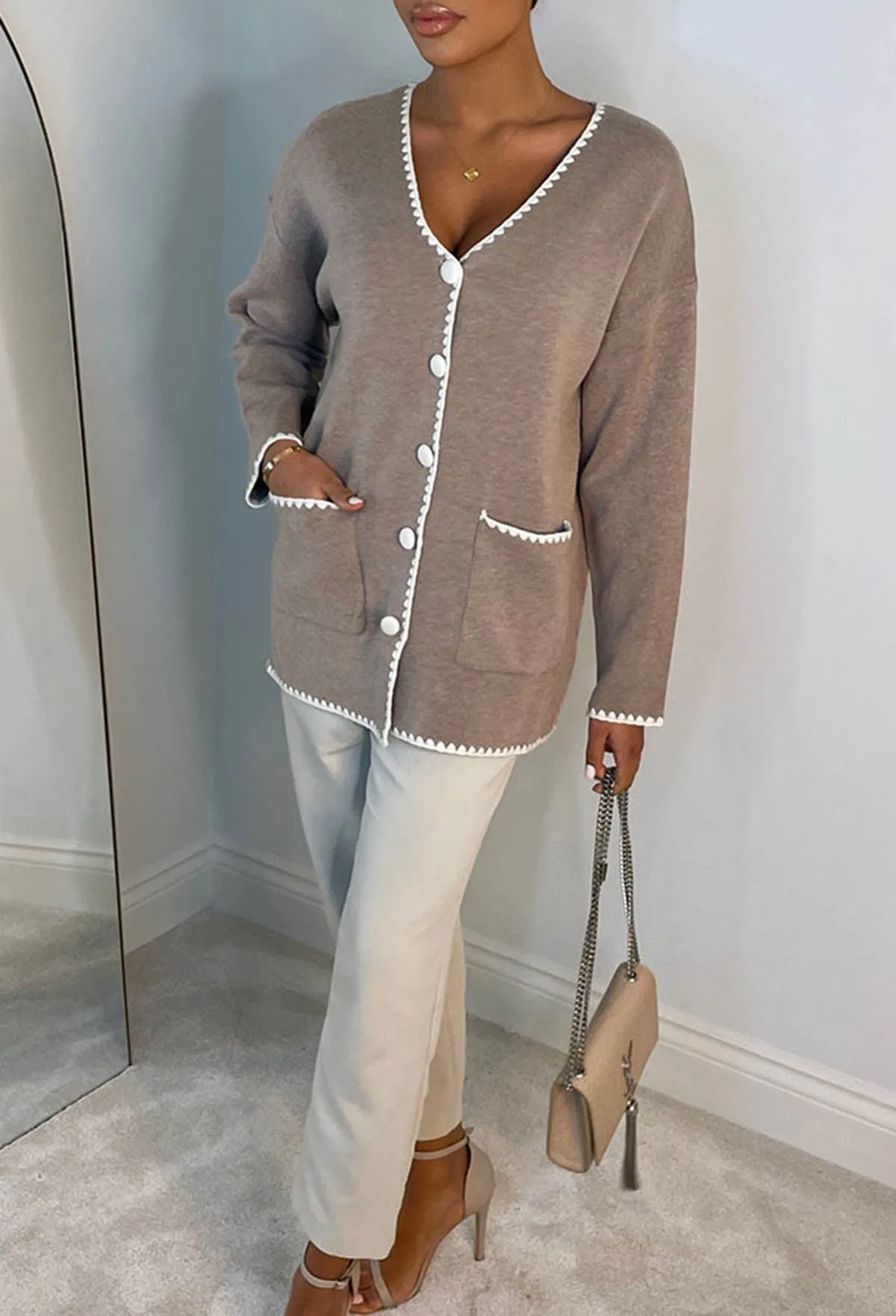 Lavish Bliss Taupe Ultra Soft Contrast Trim Cardigan